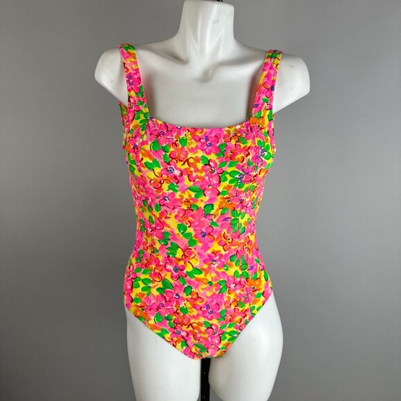 Vtg 80s Daffy Neon Swimsuit One Piece Bathing Suit Floral Pink Orange Size 7/8 - Picture 1 of 6